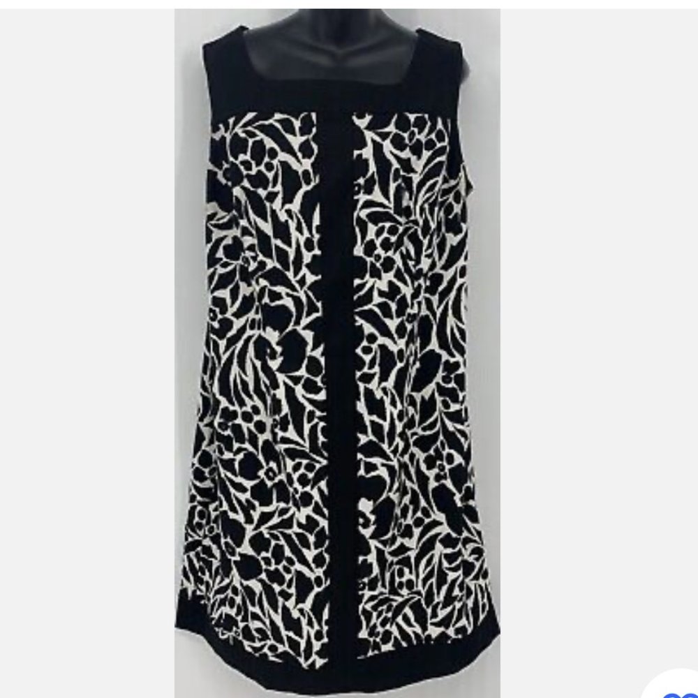 Connected Women's Black White Floral Shift Square Neck Sleeveless Dress Size 12